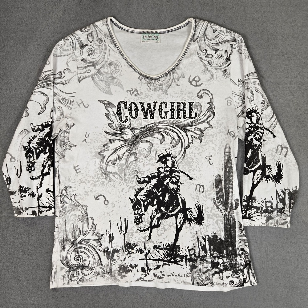 Cactus Bay Shirt Womens 2XL White‎ Top Rhinestones Cowgirl Western 3/4 Sleeve